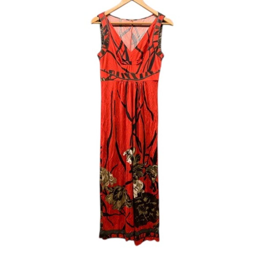 Elie Tahari Womens S Maxi Dress Red Brown Floral Print Sleeveless Viscose Summer